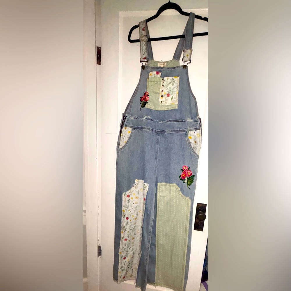 POL Funky Boutique Denim Patchwork Overalls Large